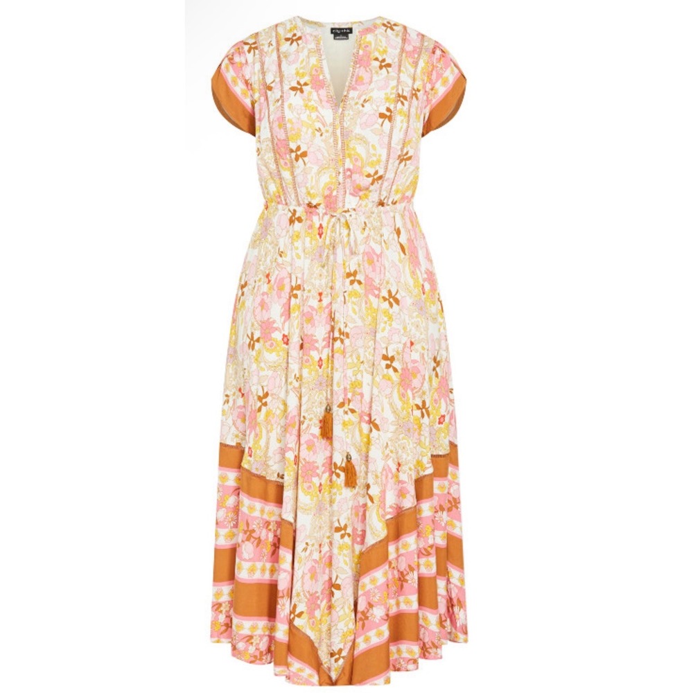 City Chic Maxi Sky Dress Ivory Free Floral Paisley Handkerchief Hem Plus Sz 18 M